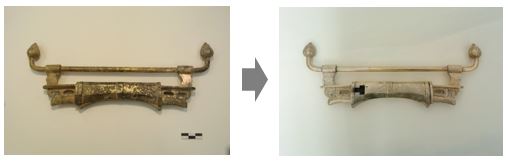 금속 유물 보존처리 전 후 사진